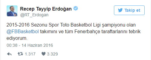Cumhurbaşkanı Erdoğan'dan Fenerbahçe'ye tebrik